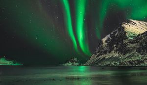 Preview wallpaper northern lights, aurora, mountain, snow, ice, norway