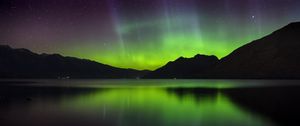 Preview wallpaper northern lights, aurora, mountains, sunset, lake, new zealand