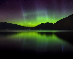 Preview wallpaper northern lights, aurora, mountains, sunset, lake, new zealand