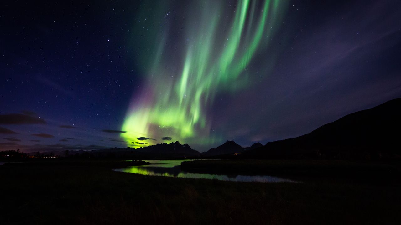 Wallpaper northern lights, aurora, mountains, night, starry sky, natural phenomenon, darkness