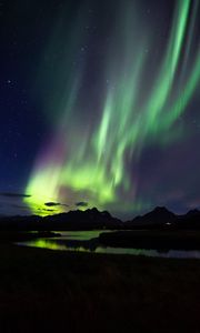 Preview wallpaper northern lights, aurora, mountains, night, starry sky, natural phenomenon, darkness