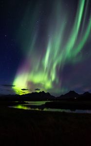 Preview wallpaper northern lights, aurora, mountains, night, starry sky, natural phenomenon, darkness