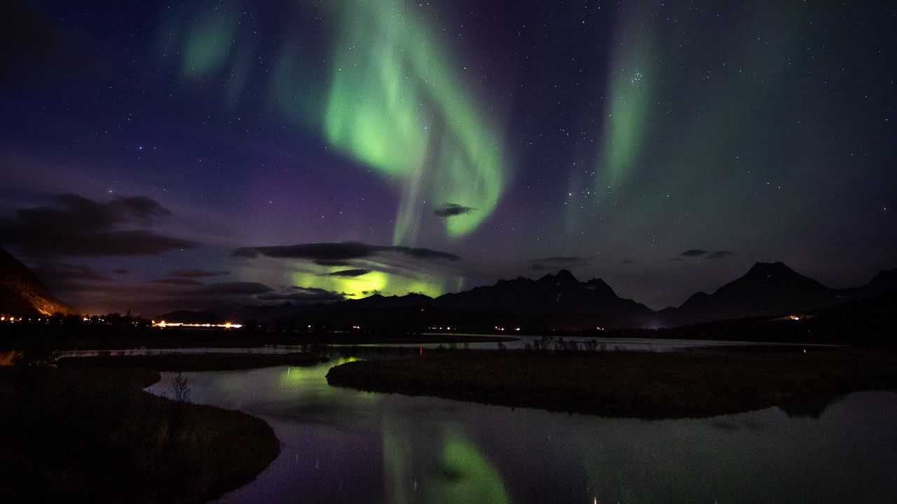 Wallpaper northern lights, aurora, mountains, night, starry sky, stars