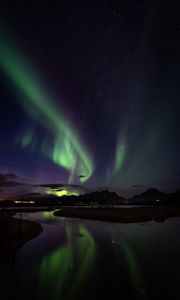 Preview wallpaper northern lights, aurora, mountains, night, starry sky, stars