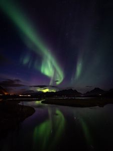 Preview wallpaper northern lights, aurora, mountains, night, starry sky, stars