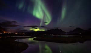 Preview wallpaper northern lights, aurora, mountains, night, starry sky, stars