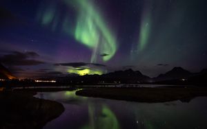 Preview wallpaper northern lights, aurora, mountains, night, starry sky, stars