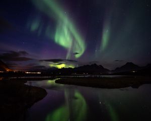 Preview wallpaper northern lights, aurora, mountains, night, starry sky, stars