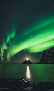 Preview wallpaper northern lights, aurora, mountains, lake, night, lights