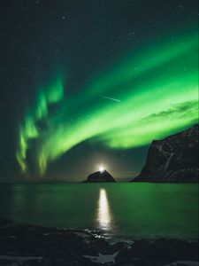 Preview wallpaper northern lights, aurora, mountains, lake, night, lights