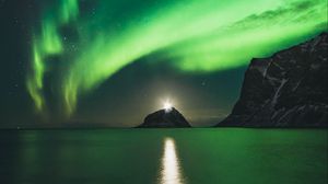 Preview wallpaper northern lights, aurora, mountains, lake, night, lights