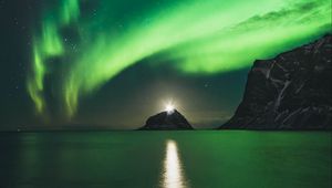 Preview wallpaper northern lights, aurora, mountains, lake, night, lights