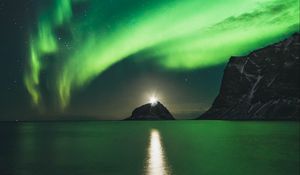 Preview wallpaper northern lights, aurora, mountains, lake, night, lights