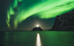 Preview wallpaper northern lights, aurora, mountains, lake, night, lights