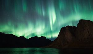 Preview wallpaper northern lights, aurora, mountains, lake, night