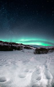 Preview wallpaper northern lights, aurora, night, starry sky, north, snow, landscape