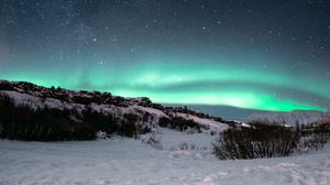 Preview wallpaper northern lights, aurora, night, starry sky, north, snow, landscape