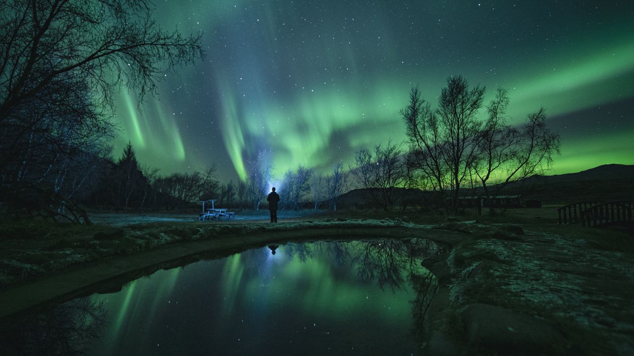 Wallpaper northern lights, aurora, night, silhouette, dark