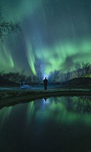 Preview wallpaper northern lights, aurora, night, silhouette, dark