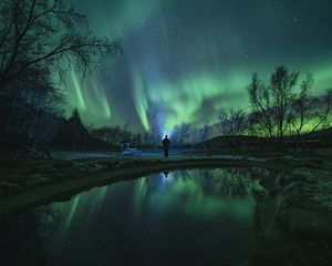 Preview wallpaper northern lights, aurora, night, silhouette, dark