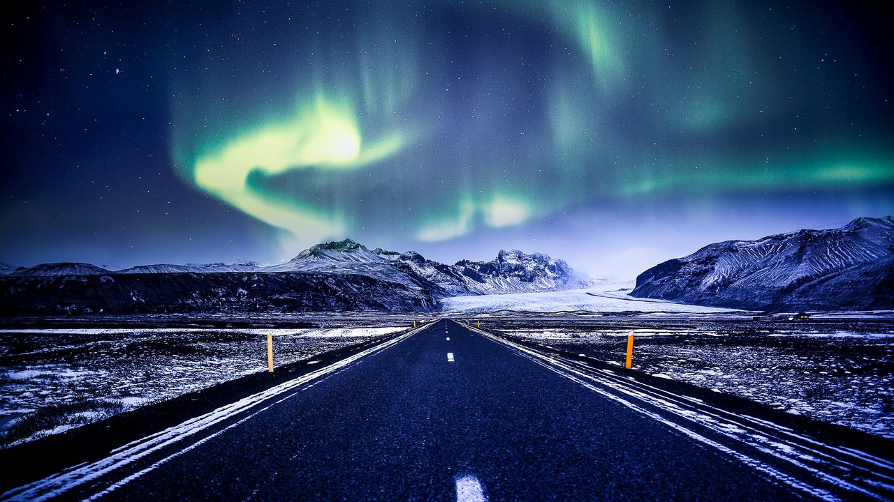 Wallpaper northern lights, aurora, road, marking, mountains, snow