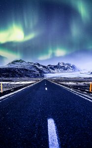 Preview wallpaper northern lights, aurora, road, marking, mountains, snow