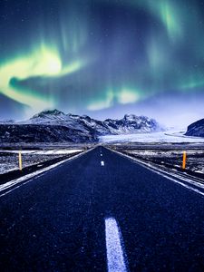 Preview wallpaper northern lights, aurora, road, marking, mountains, snow