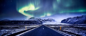 Preview wallpaper northern lights, aurora, road, marking, mountains, snow