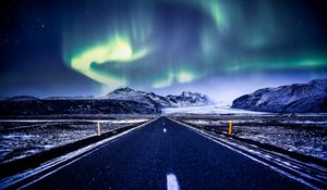 Preview wallpaper northern lights, aurora, road, marking, mountains, snow