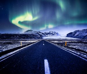 Preview wallpaper northern lights, aurora, road, marking, mountains, snow