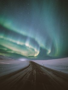 Preview wallpaper northern lights, aurora, road, snow, starry sky