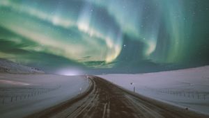 Preview wallpaper northern lights, aurora, road, snow, starry sky