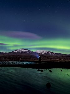 Preview wallpaper northern lights, aurora, silhouette, mountains, snow, winter, starry sky, night