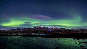 Preview wallpaper northern lights, aurora, silhouette, mountains, snow, winter, starry sky, night