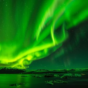 Preview wallpaper northern lights, aurora, sky, starry sky, night, green