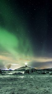 Preview wallpaper northern lights, aurora, snow, winter, sky, starry sky, natural phenomenon