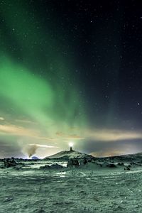 Preview wallpaper northern lights, aurora, snow, winter, sky, starry sky, natural phenomenon