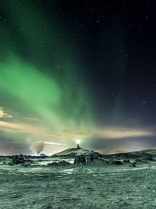 Preview wallpaper northern lights, aurora, snow, winter, sky, starry sky, natural phenomenon