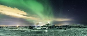 Preview wallpaper northern lights, aurora, snow, winter, sky, starry sky, natural phenomenon