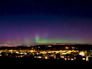 Preview wallpaper northern lights, aurora, starry sky, village, city, light, stars, scotland
