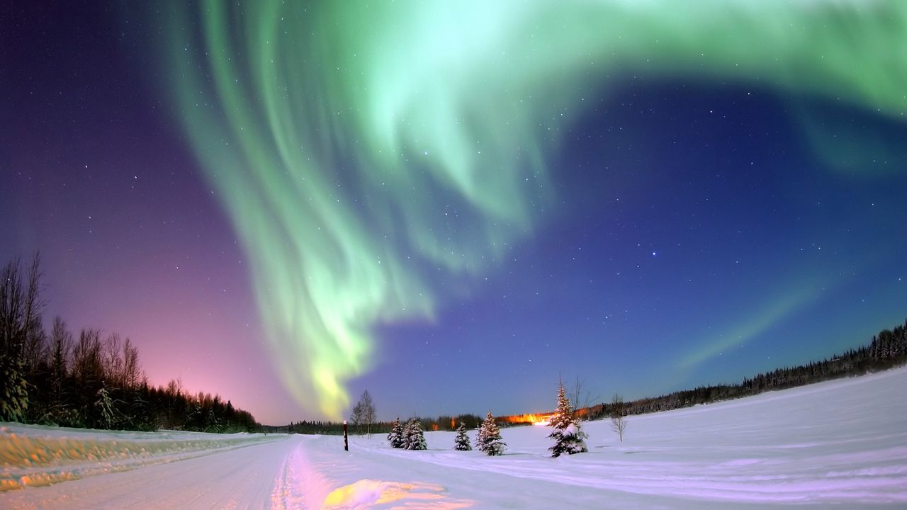 Wallpaper northern lights, aurora, winter, snow, starry sky