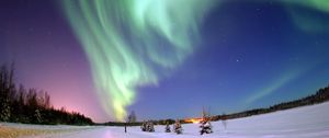 Preview wallpaper northern lights, aurora, winter, snow, starry sky