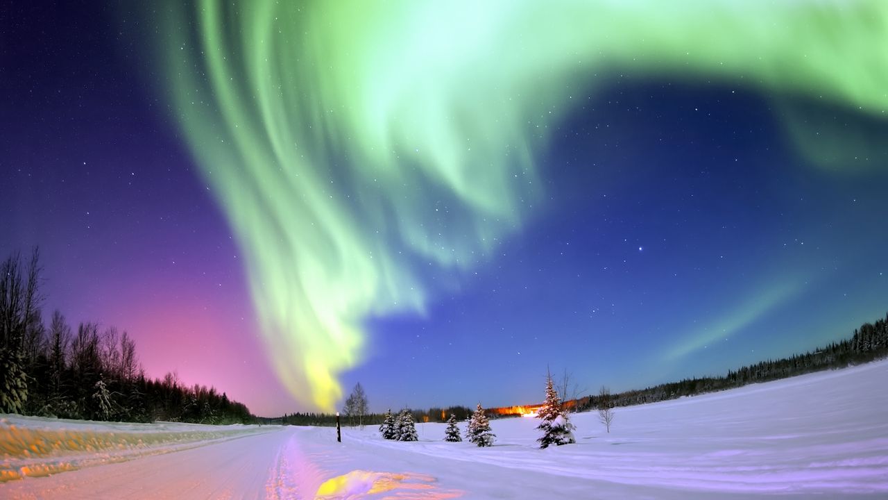 Wallpaper northern lights, aurora, winter, snow, stars