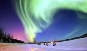 Preview wallpaper northern lights, aurora, winter, snow, stars