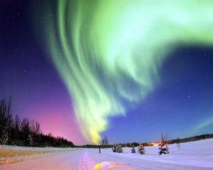 Preview wallpaper northern lights, aurora, winter, snow, stars