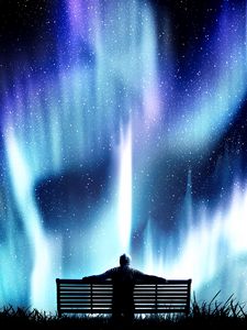 Preview wallpaper northern lights, bench, loneliness, photoshop, starry sky