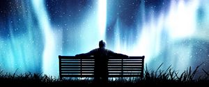 Preview wallpaper northern lights, bench, loneliness, photoshop, starry sky