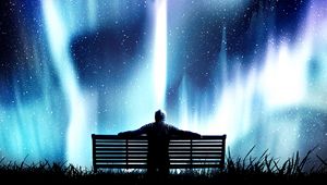 Preview wallpaper northern lights, bench, loneliness, photoshop, starry sky