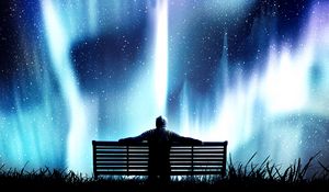 Preview wallpaper northern lights, bench, loneliness, photoshop, starry sky