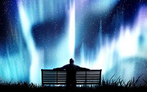 Preview wallpaper northern lights, bench, loneliness, photoshop, starry sky